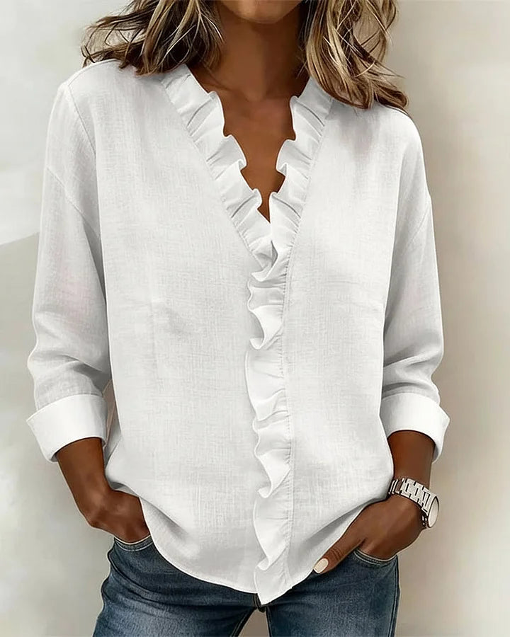 Cathy | Ruffled V-Neck Blouse with Long Sleeves