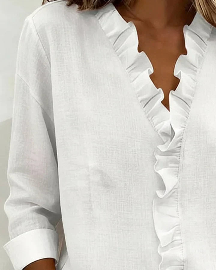 Cathy | Ruffled V-Neck Blouse with Long Sleeves