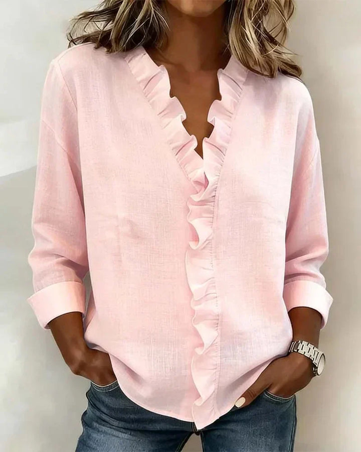Cathy | Ruffled V-Neck Blouse with Long Sleeves