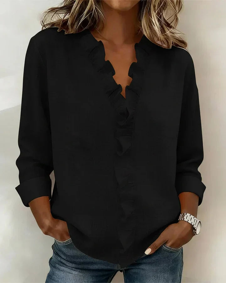Cathy | Ruffled V-Neck Blouse with Long Sleeves