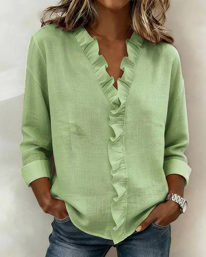 Cathy | Ruffled V-Neck Blouse with Long Sleeves