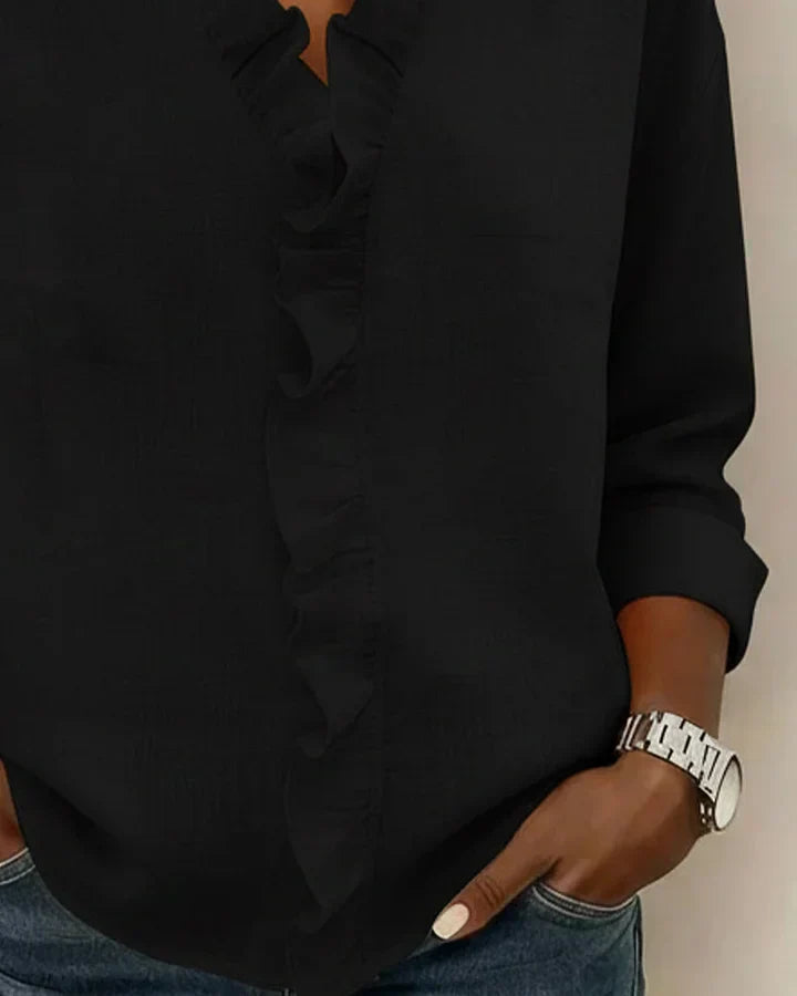 Cathy | Ruffled V-Neck Blouse with Long Sleeves