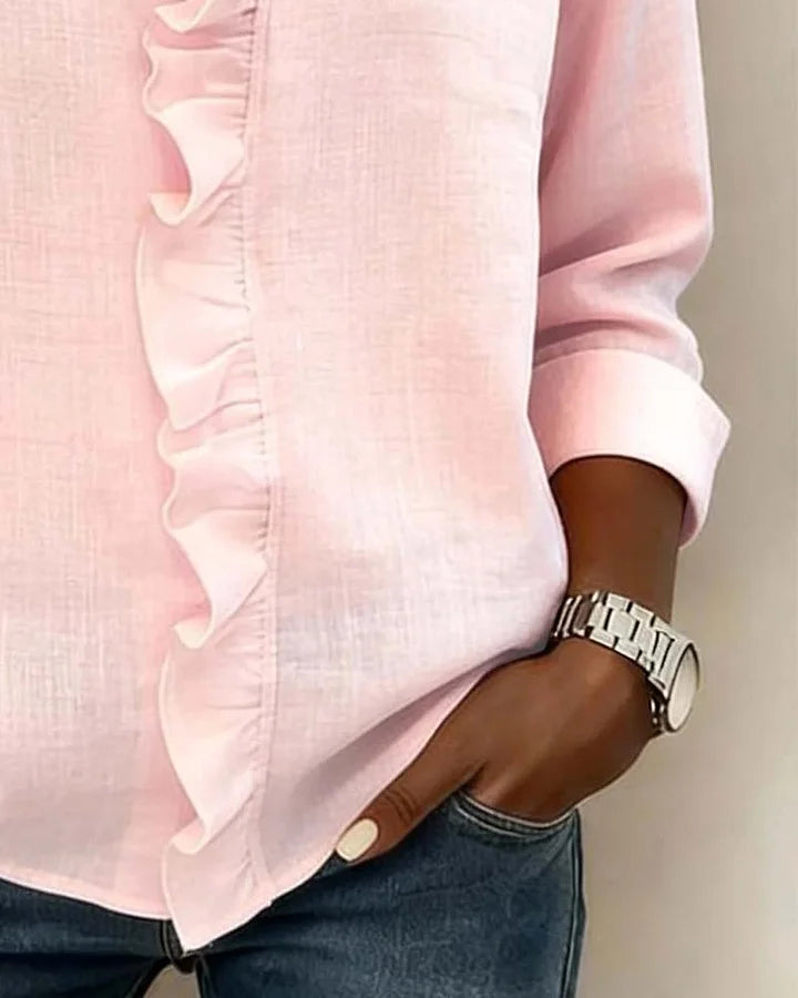 Cathy | Ruffled V-Neck Blouse with Long Sleeves