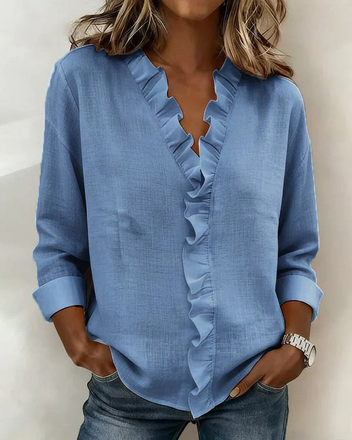 Cathy | Ruffled V-Neck Blouse with Long Sleeves