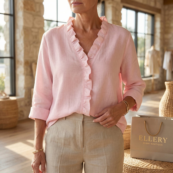 Cathy | Ruffled V-Neck Blouse with Long Sleeves